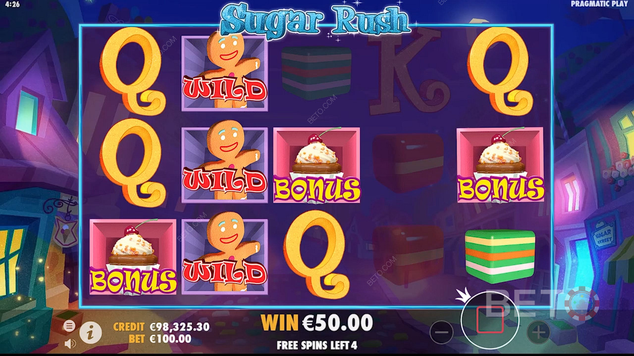 Spela Sugar Rush och få 3 eller fler Cupcake-symboler för att aktivera bonusspelet