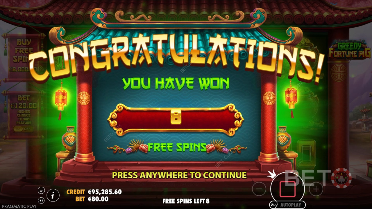 Vinn 8,888 gånger din insats i Greedy Fortune Pig Slot!