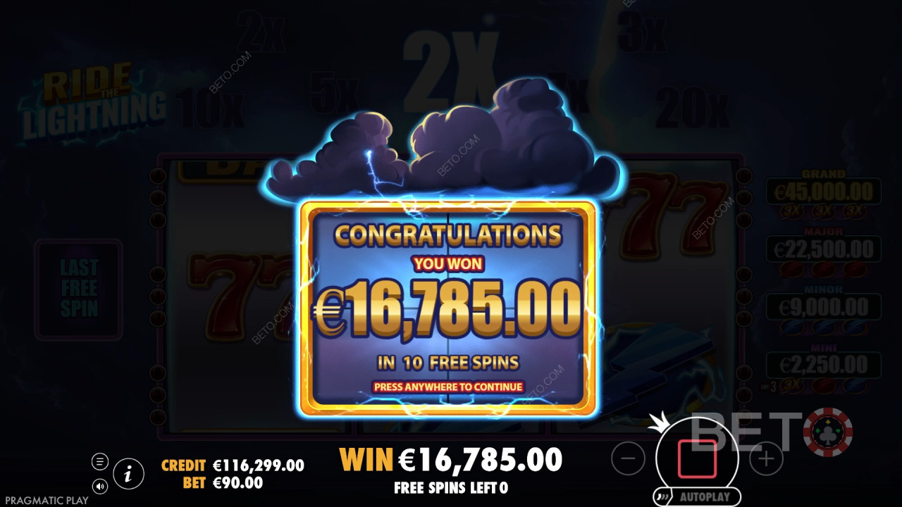 Vinn 10 000 gånger din insats i Ride the Lightning-spelautomaten online!