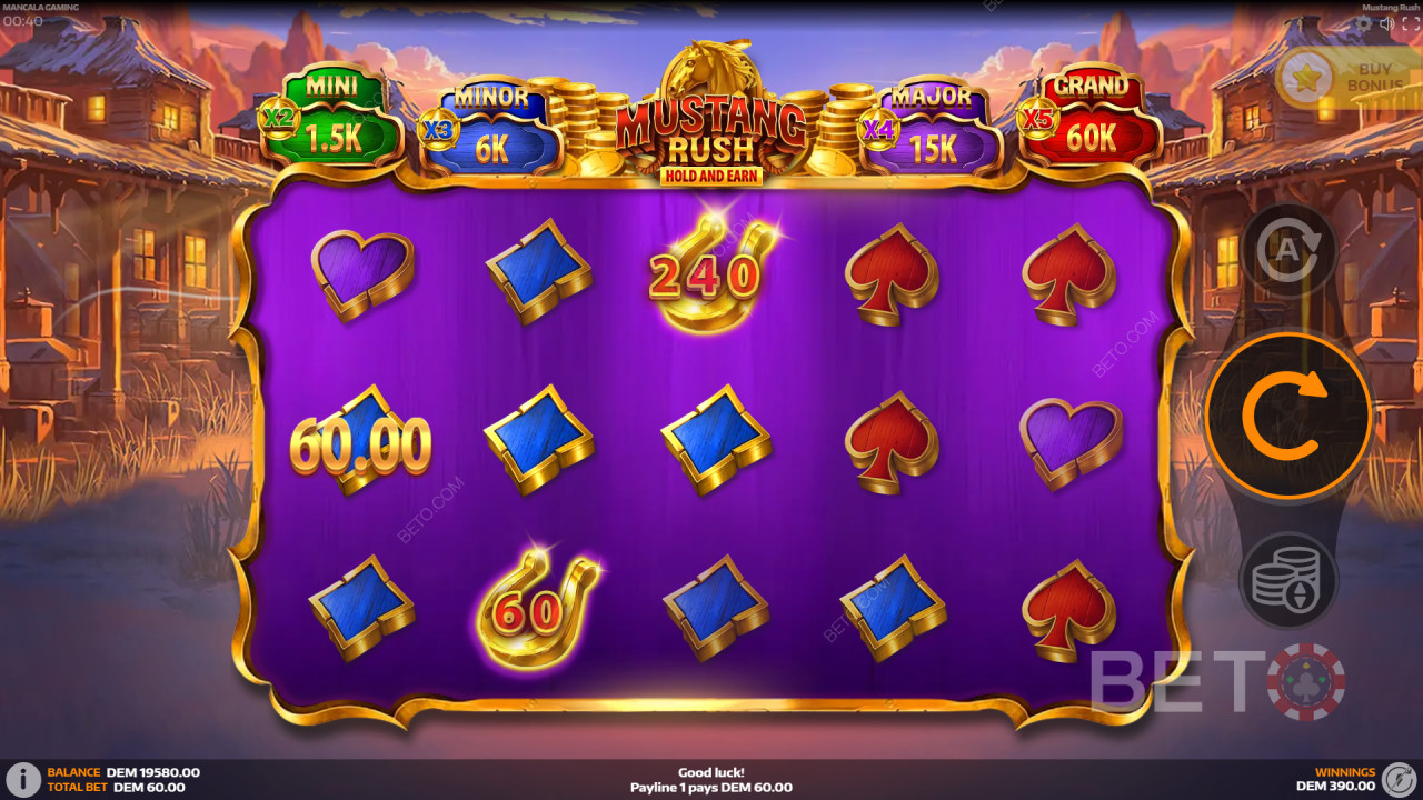 Bonusfunktioner förklaras i Mustang Rush av Mancala Gaming