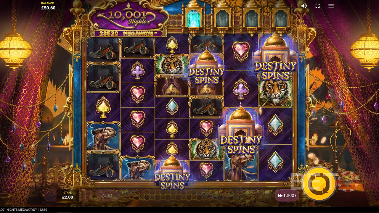 Minst 3 Destiny Spins-symboler utlöser gratissnurr i spelautomaten 10001 Nights Megaways