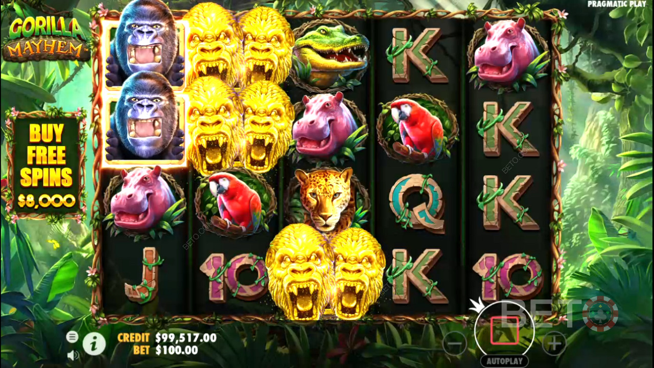 Golden Gorilla-symbolerna med multiplikatorer hjälper till att skapa större vinster.