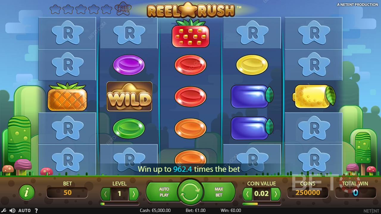 Wild-symboler dyker ofta upp för att hjälpa till att skapa vinster i spelautomaten Reel Rush.