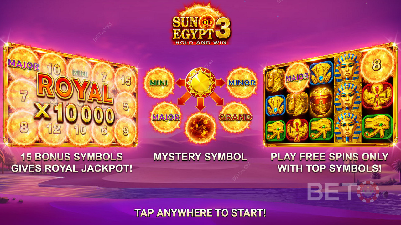 Vinn 10 000 gånger din insats i spelautomaten Sun of Egypt 3 online!