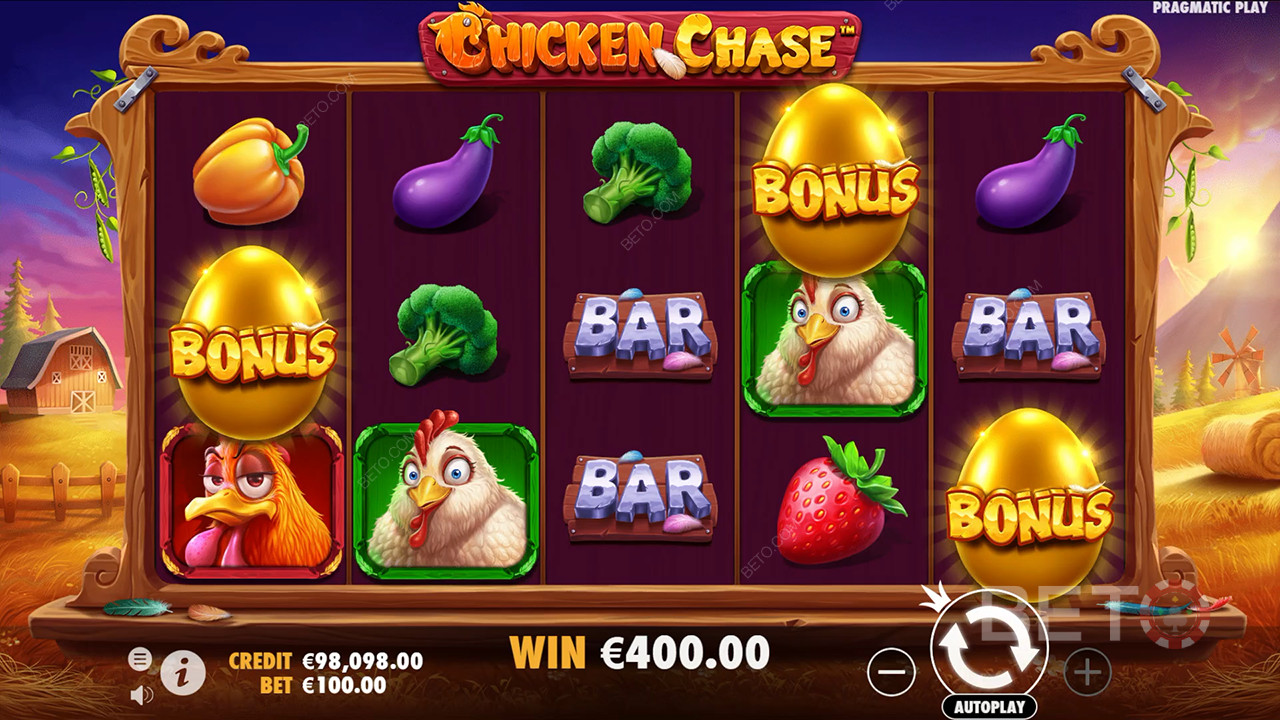 Vinn 210 gånger din insats i Chicken Chase Slot Machine!