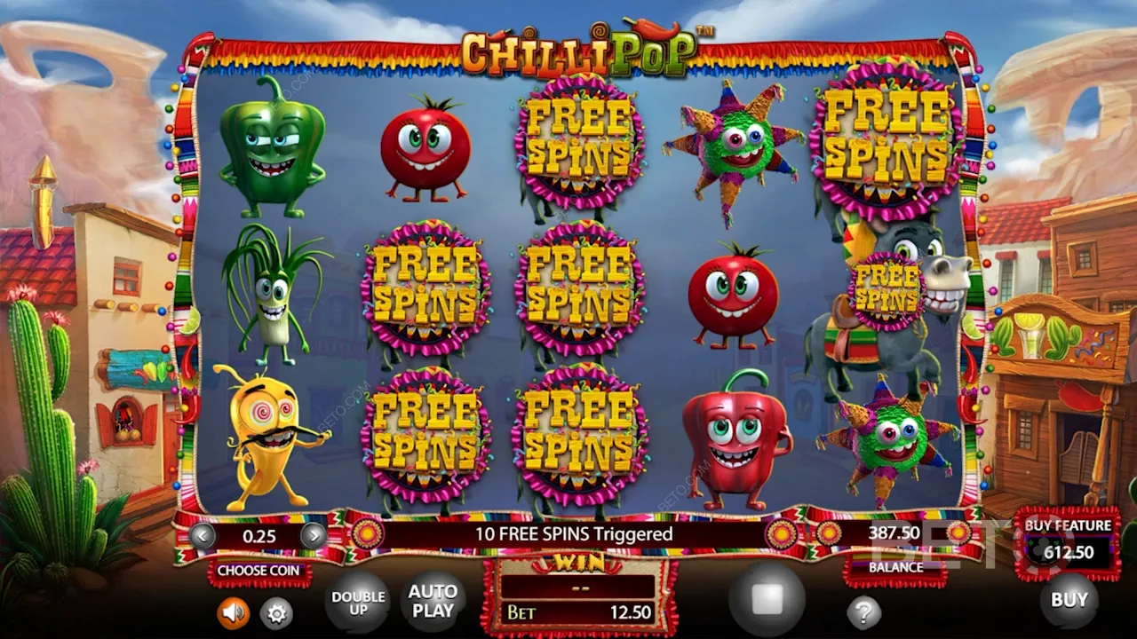 Exempel på spelupplägg för videosloten ChilliPop med mexikanskt tema